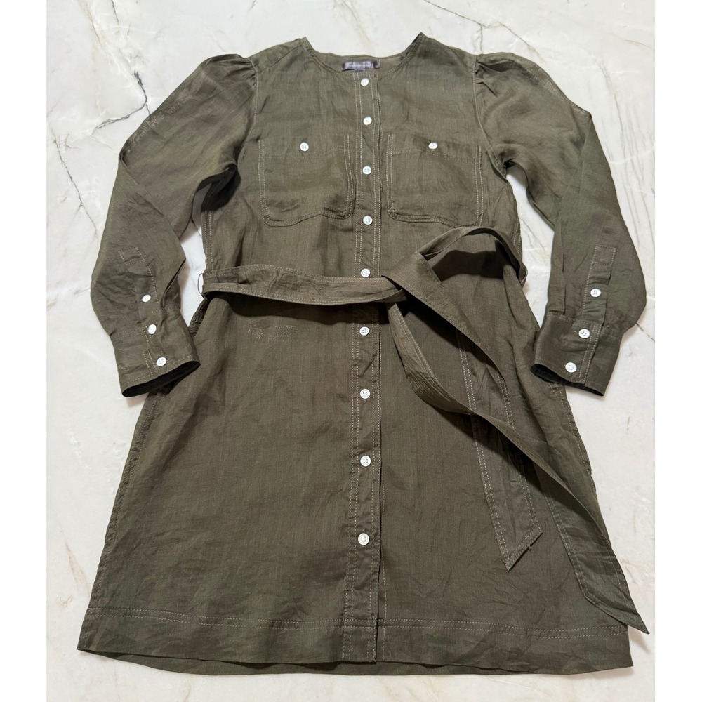 Banana Republic Olive Green 100% Ramie Utility Belted Shirt Dress XS Long Sleeve